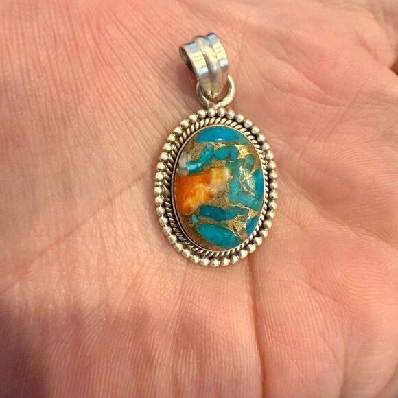 Spiny Oyster Turquoise Necklace Pendant Southwest Sterling Silver Beaded Framed - Picture 1 of 4